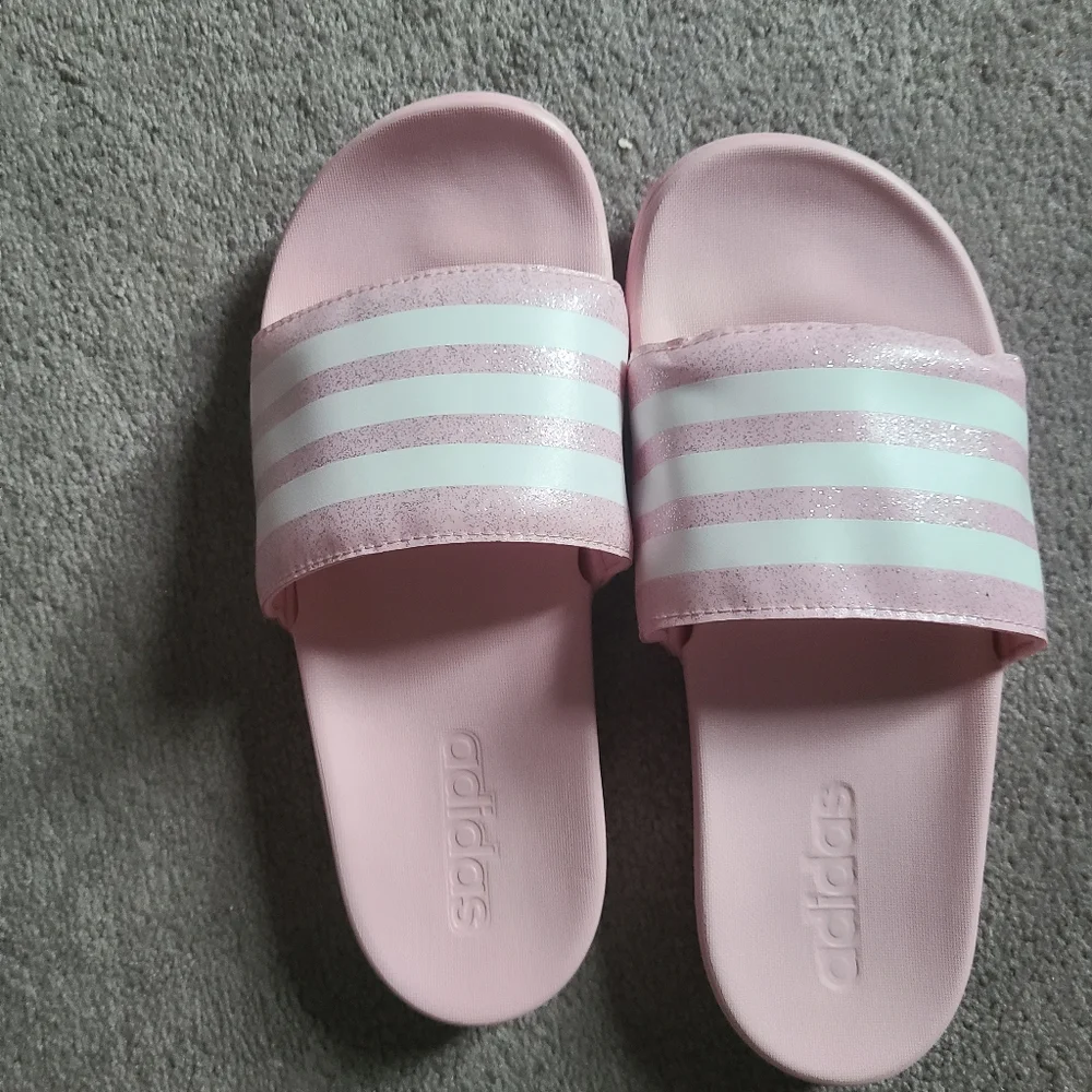 Women's Adidas Pink + White Slip On Sandals Size US 5 - Picture 1 of 8